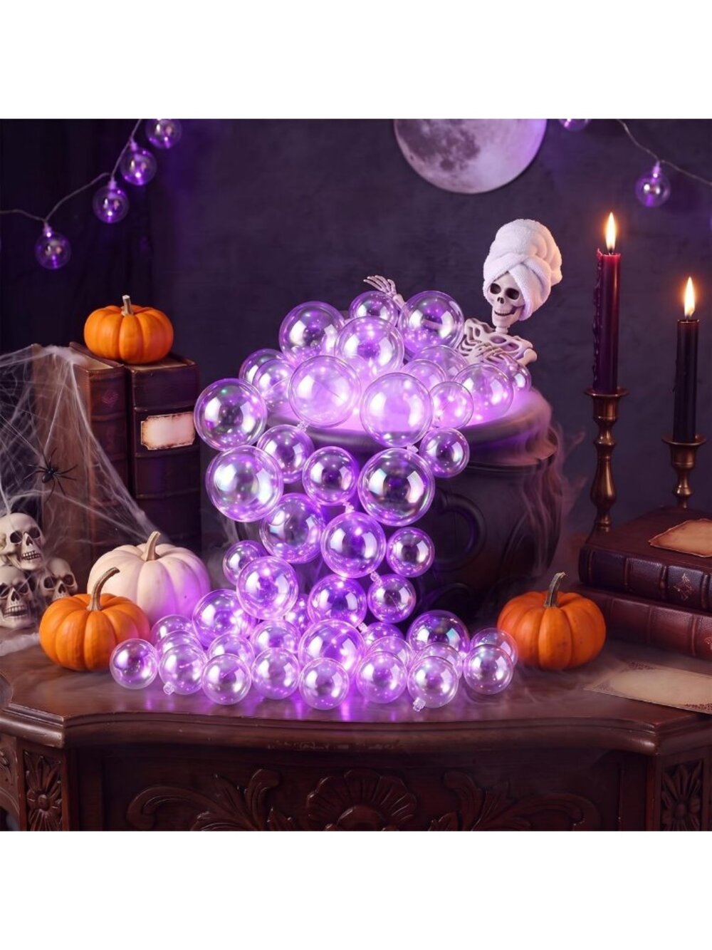 Lighted Halloween Cauldron Decor with Skeleton & 45 Colorful Bubbles - Spooky
